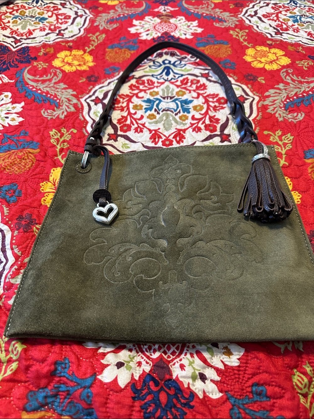 Brighton Olive Suede Embossed Shoulder Bag with Tassel